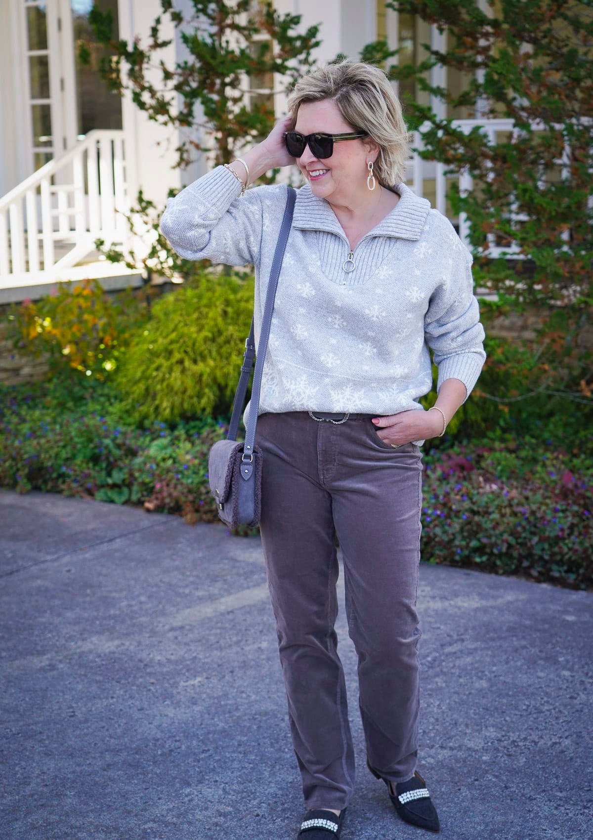 Talbots Holiday Styles You’ll Love - Gray corduroy pants and a gray snowflake zip sweater