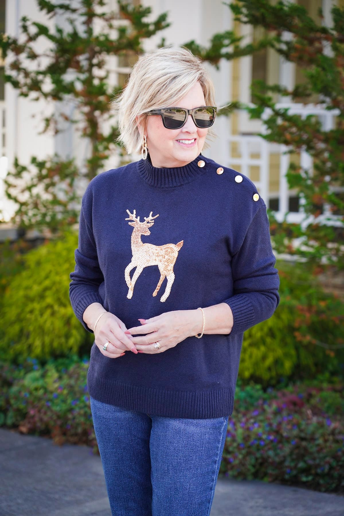 Talbots Holiday Styles You’ll Love - Navy sweater with gold sequin reindeer