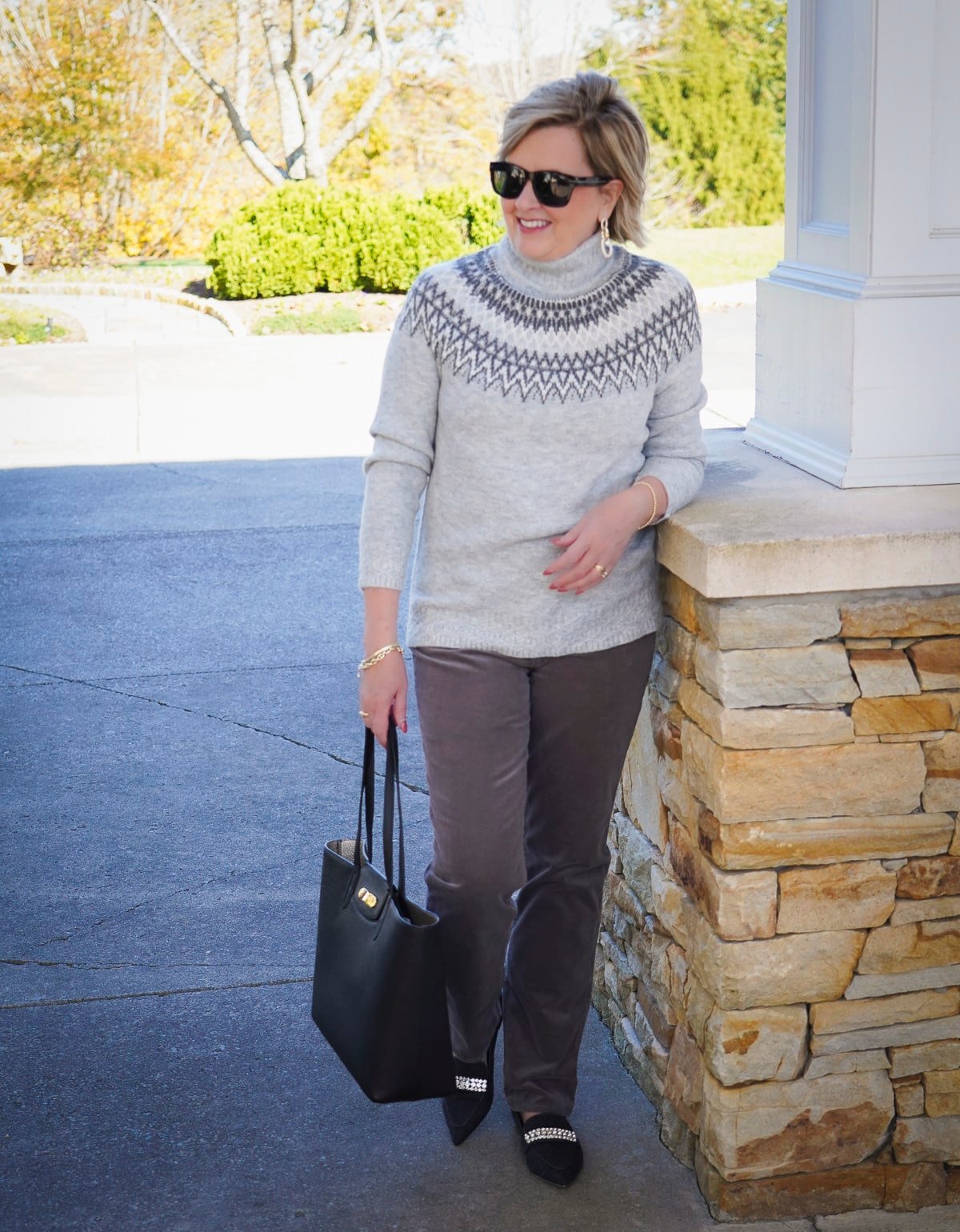 Talbots Holiday Styles You’ll Love - Gray corduroy pants and a gay Fair Isle sweater