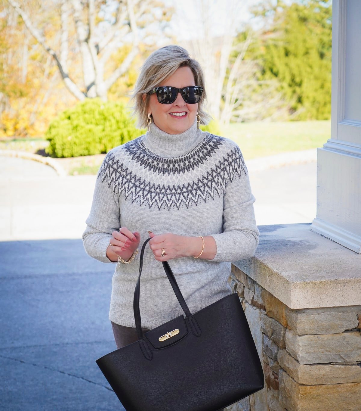 Talbots Holiday Styles You’ll Love - Gray Fair Isle sweater and a black leather tote