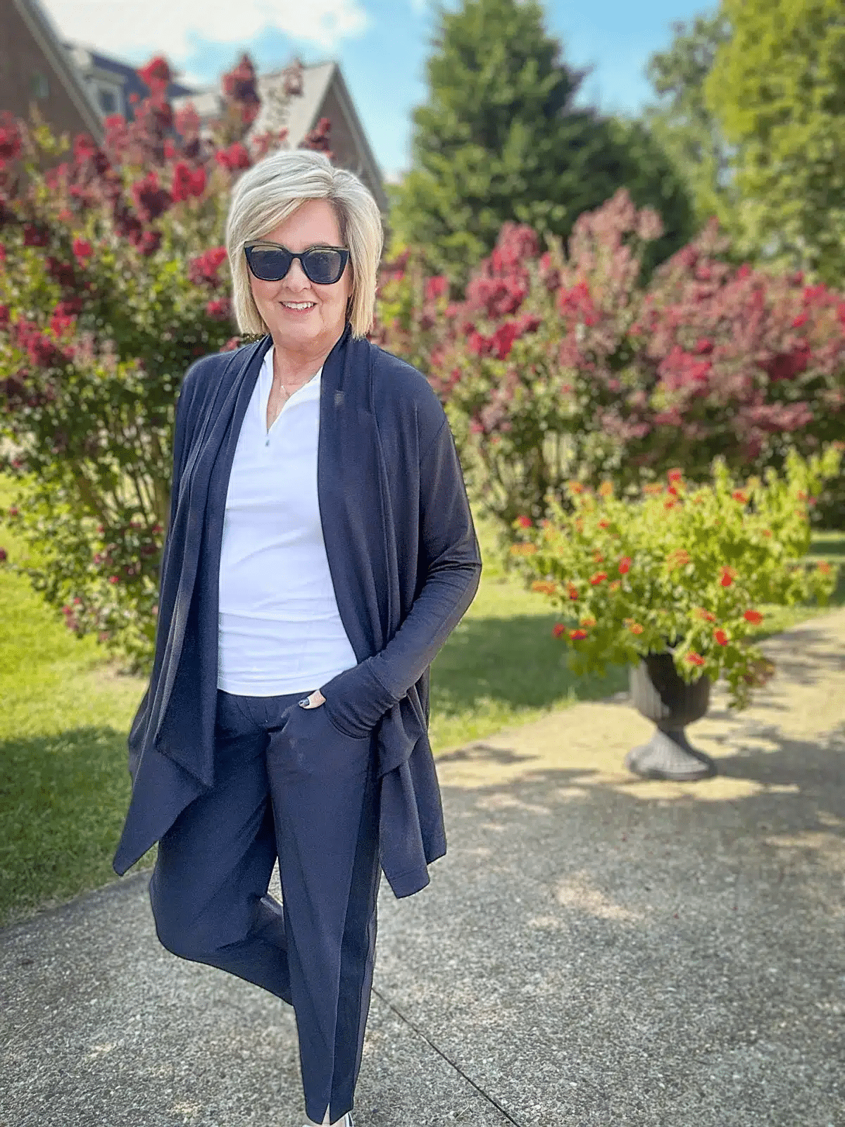 Athleta Pranayma Wrap + Half Zip Pullover + Brooklyn Ankle Pants for Travel for Women Over 50