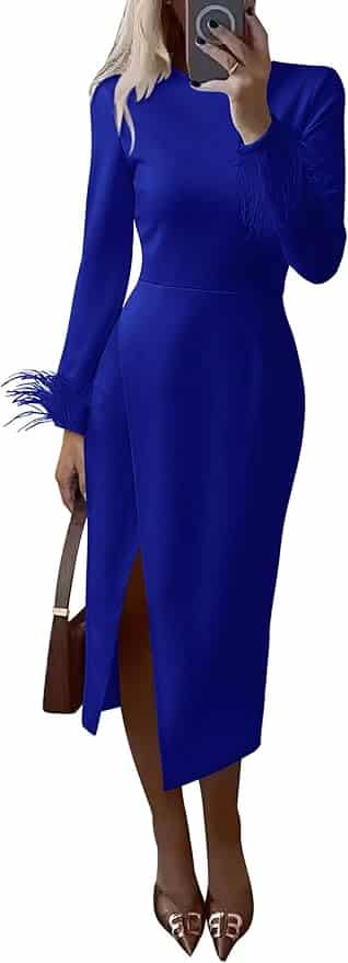 PRETTYGARDEN Long Sleeve Midi Dress with Feather Trim