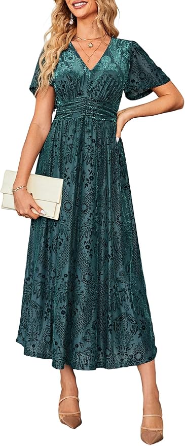 Simplee Women’s V Neck Velvet Maxi Dress Short Sleeve Empire Waist Long Formal Dress for Wedding Guest