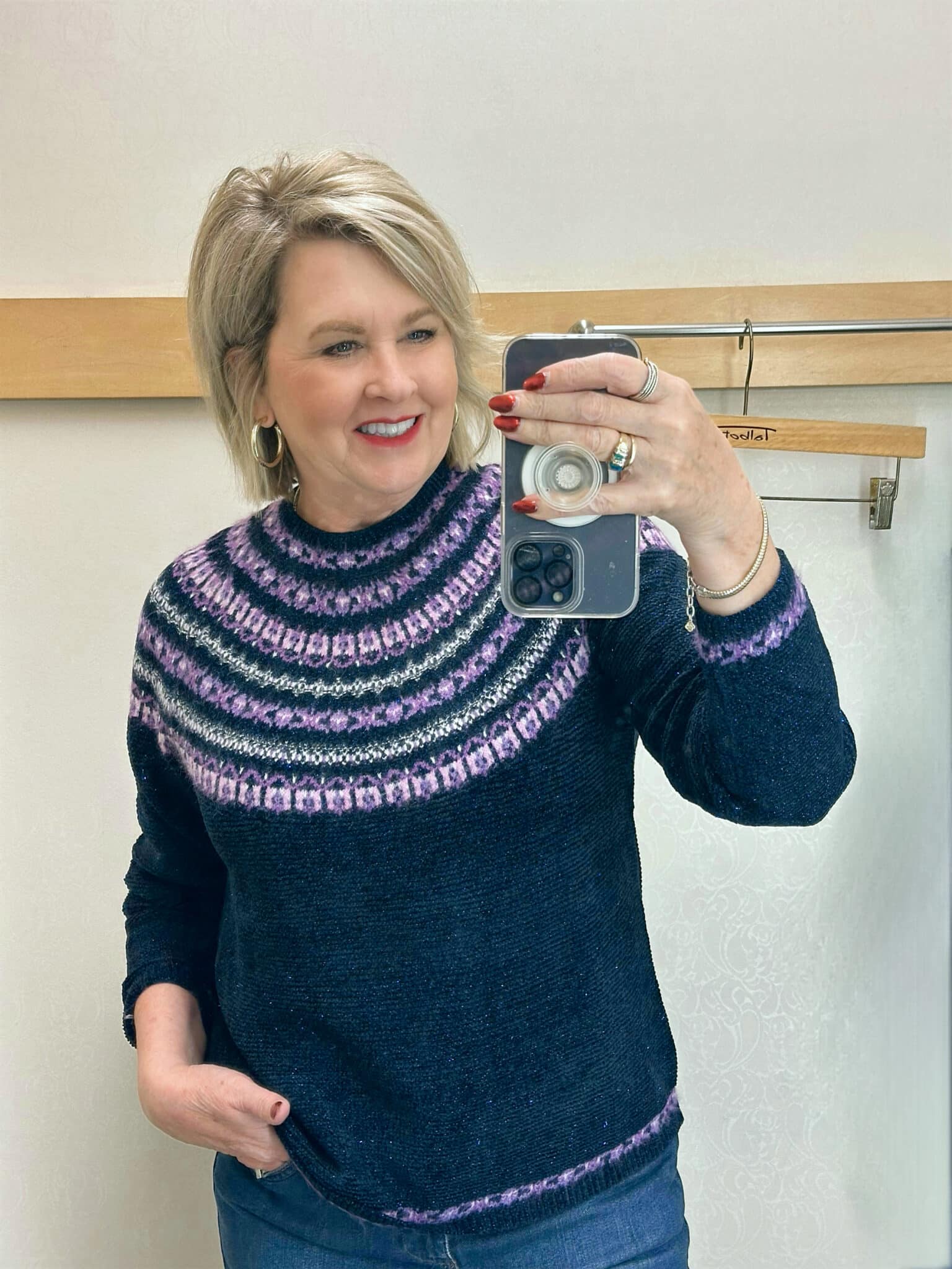 Tania Stephens is wearing a Fair Isle sweater