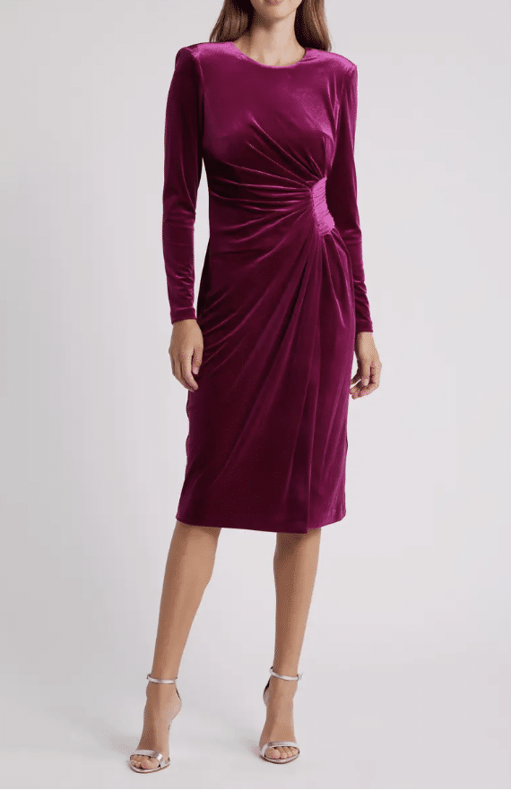 Eliza J Side Gather Long Sleeve Velvet Dress Winter Wedding Guest Outfit Idea