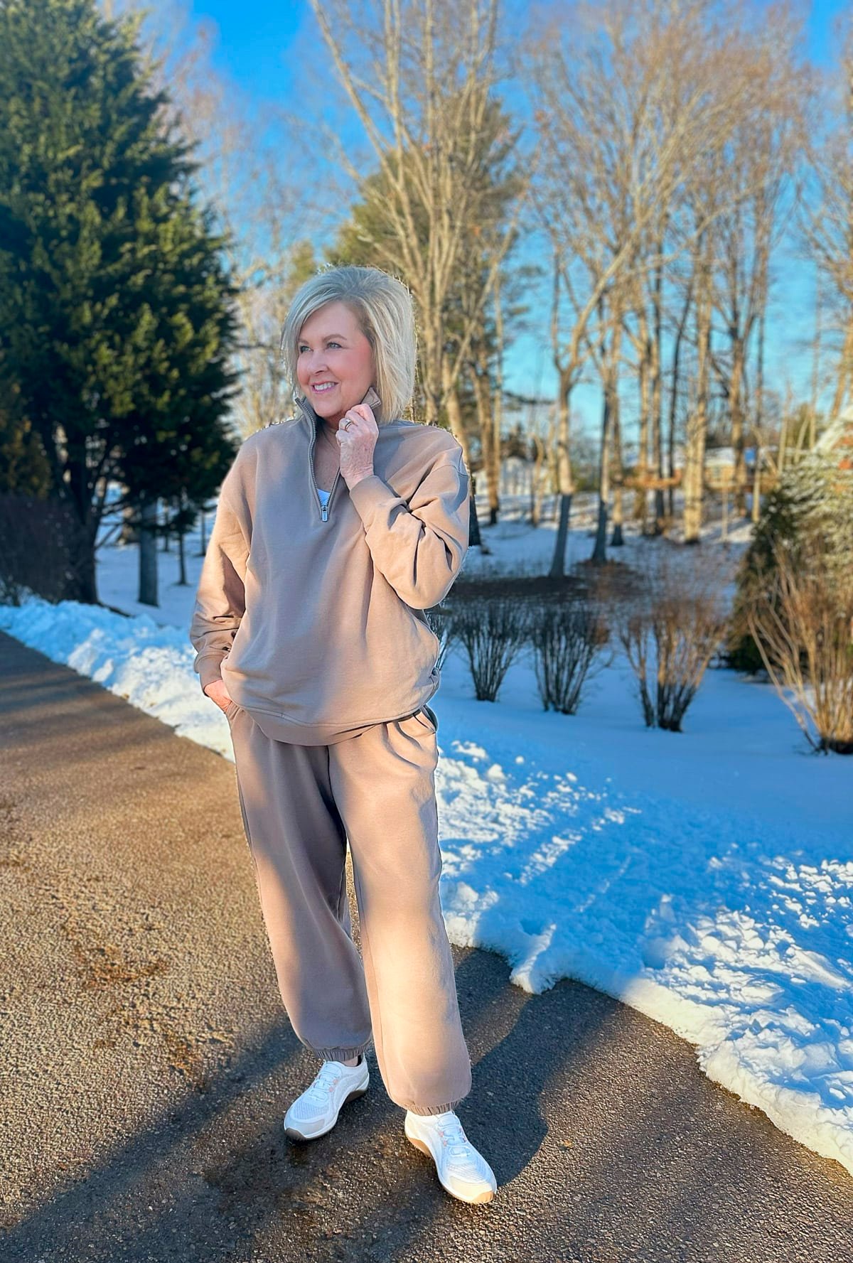 Tania Stephens wearing a sweatshirt and sweatpants from Athleta
