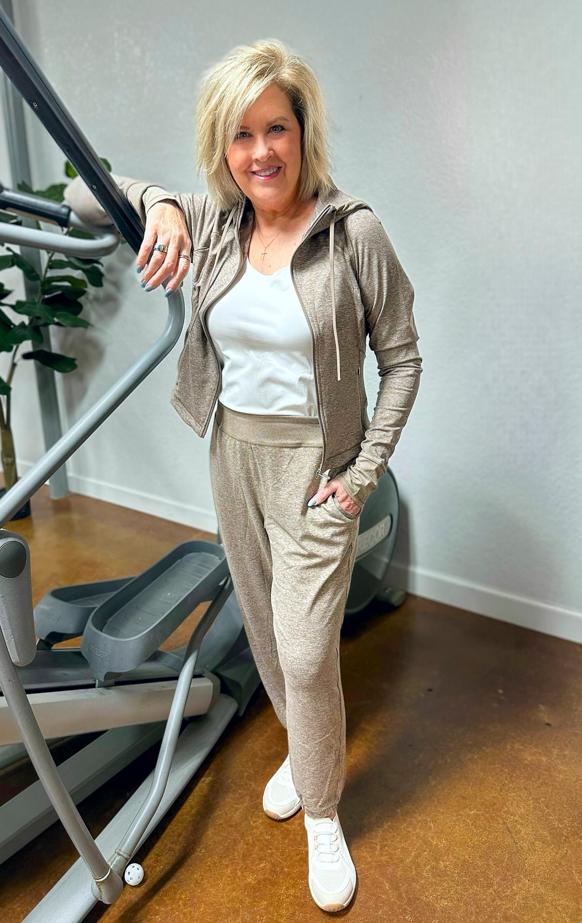 Tania Stephens wearing an Athleta outfit for relaxing or exercising