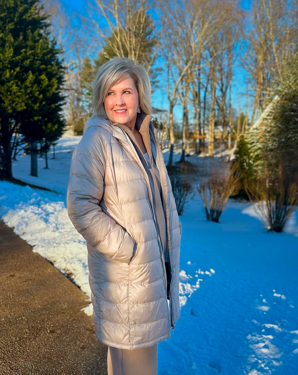 Tania Stephens wearing an Athleta puffer coat 