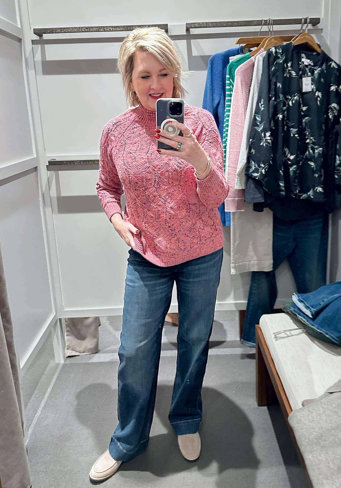 Tania Stephens wearing a pink sweater with jeans from J.Jill