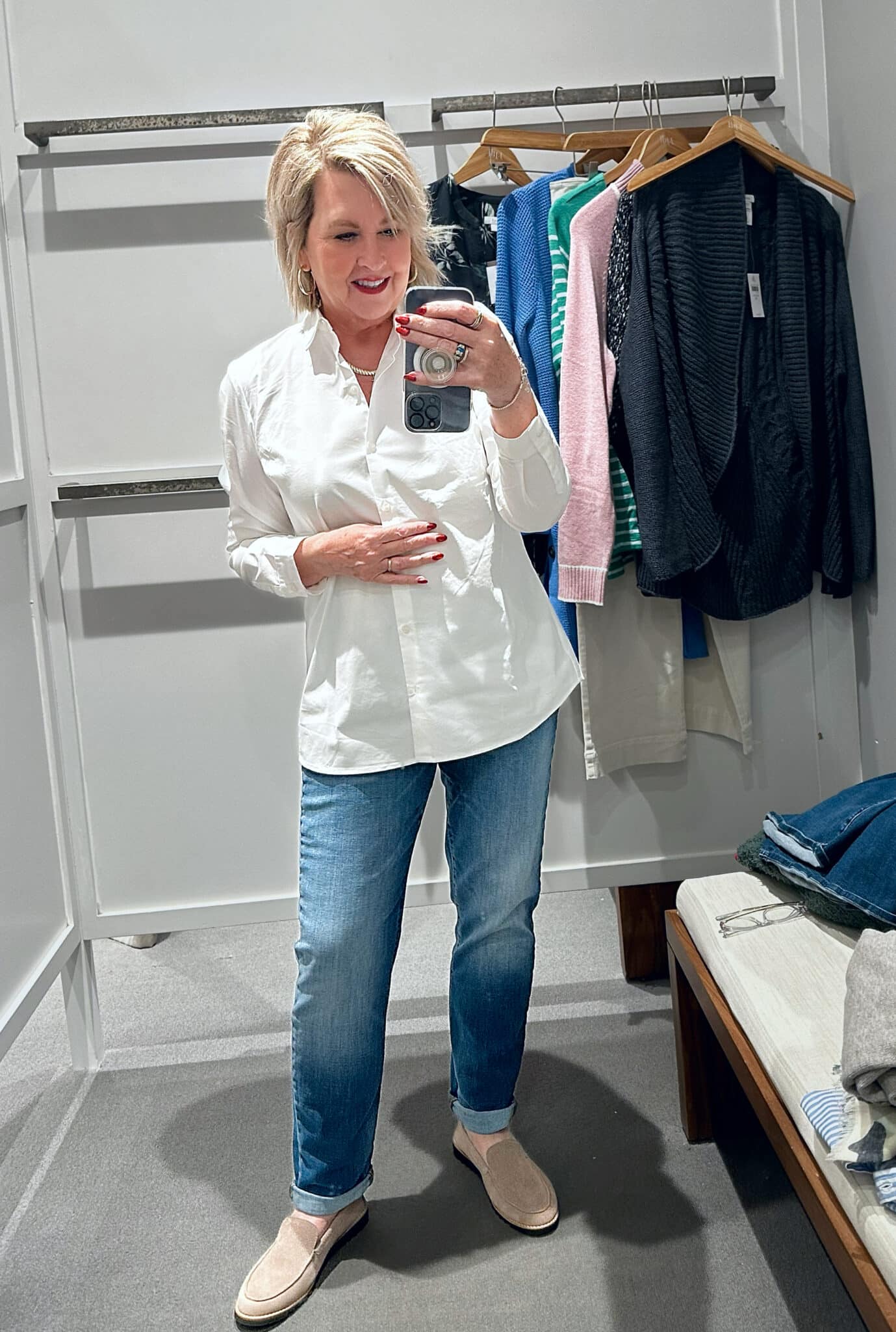 Tania Stephens wearing a white button down shirt with jeans from J.Jill
