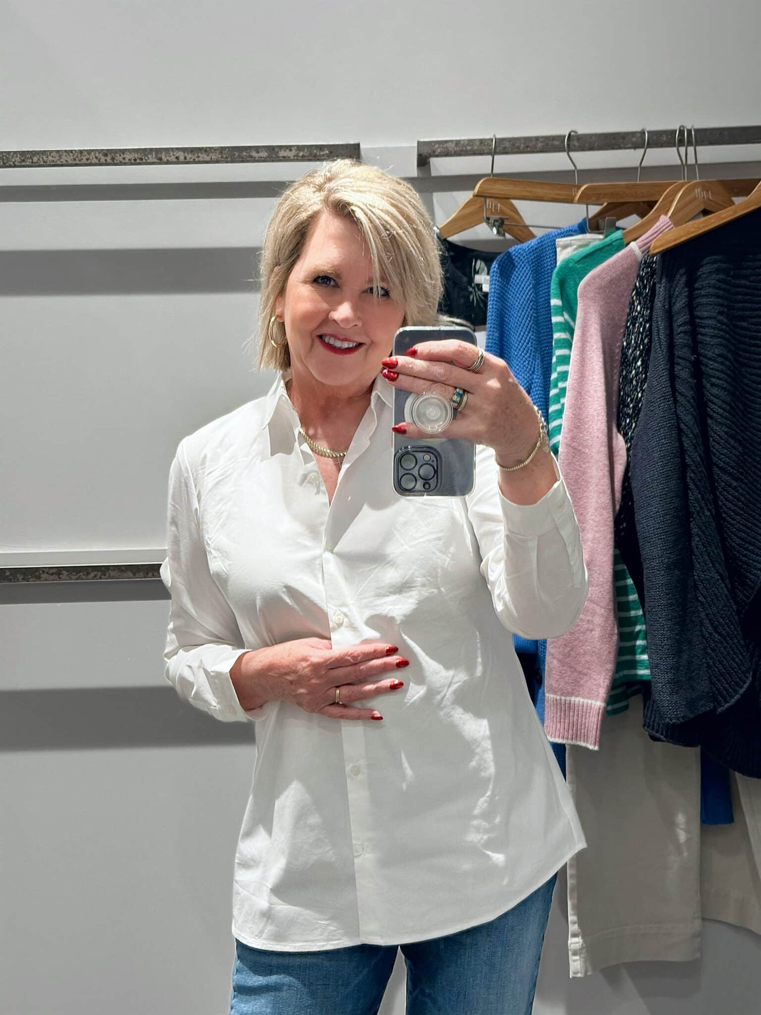Tania Stephens wearing a white button down shirt from J.Jill
