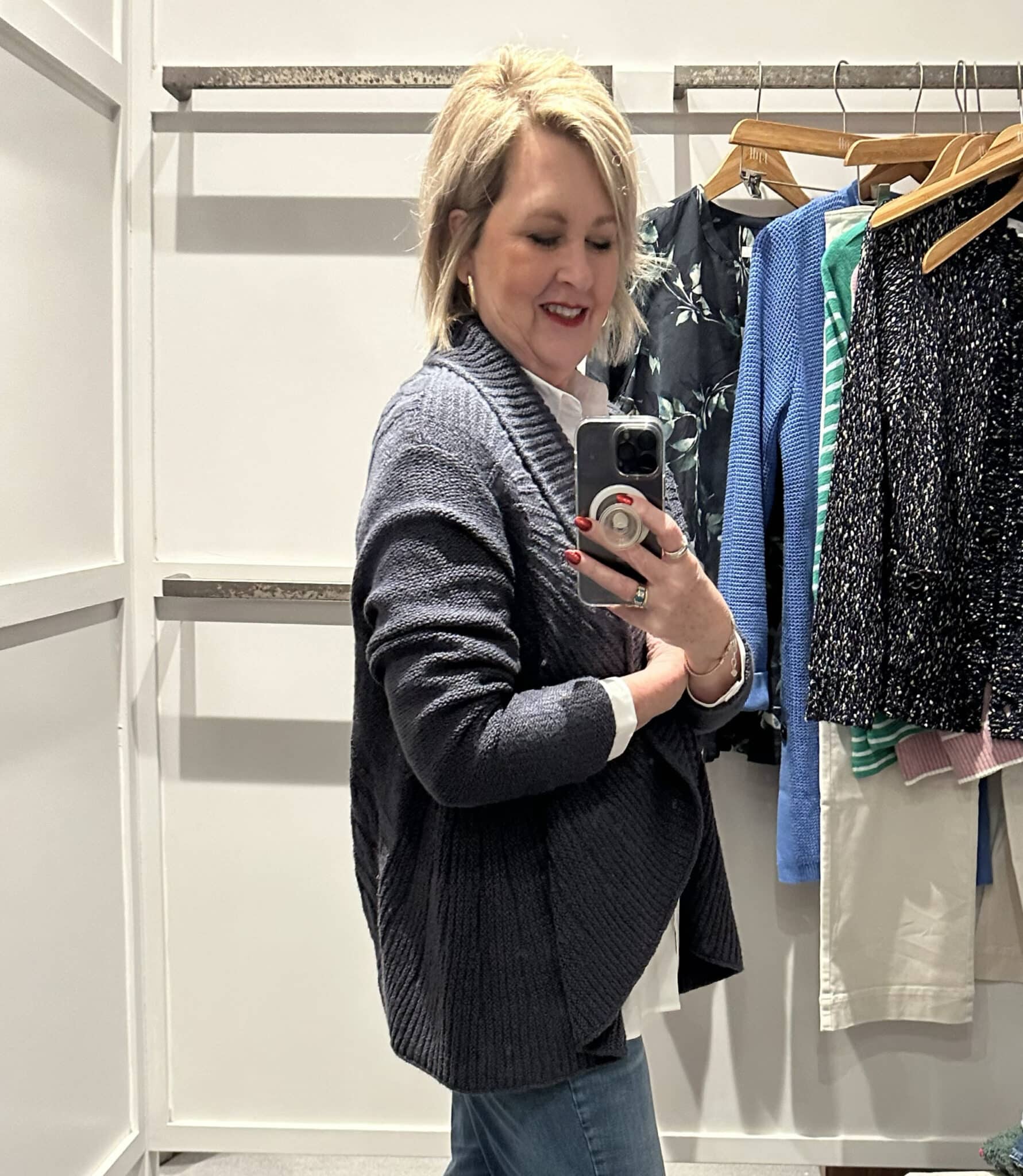 Tania Stephens wearing a white button down shirt and a blue cardigan from J.Jill