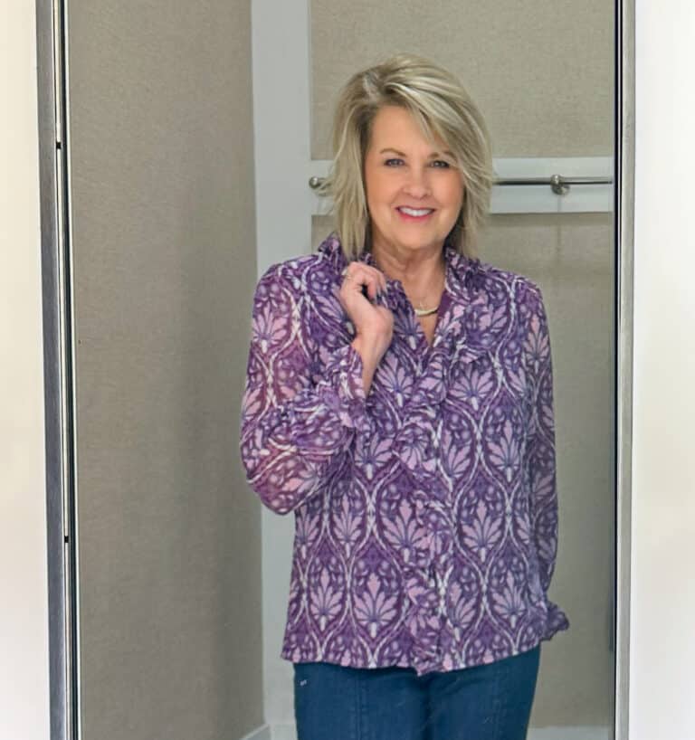 Tania Stephens wearing a purple print ruffle top from Talbots