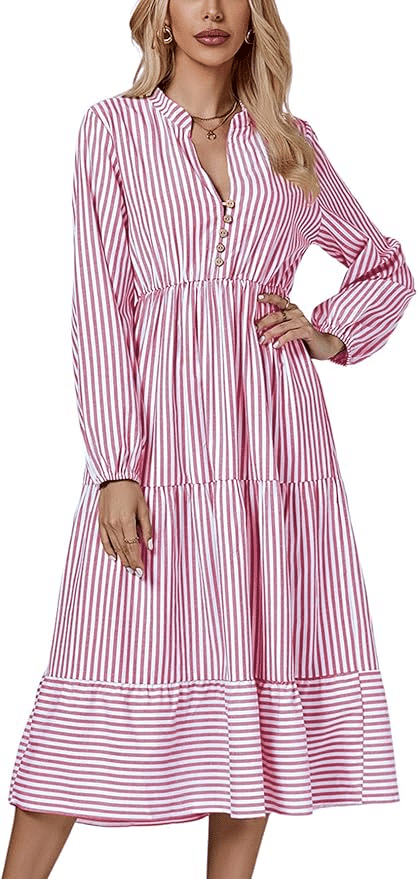 Long Sleeve Tiered Ruffle Hem Swing Midi Dress