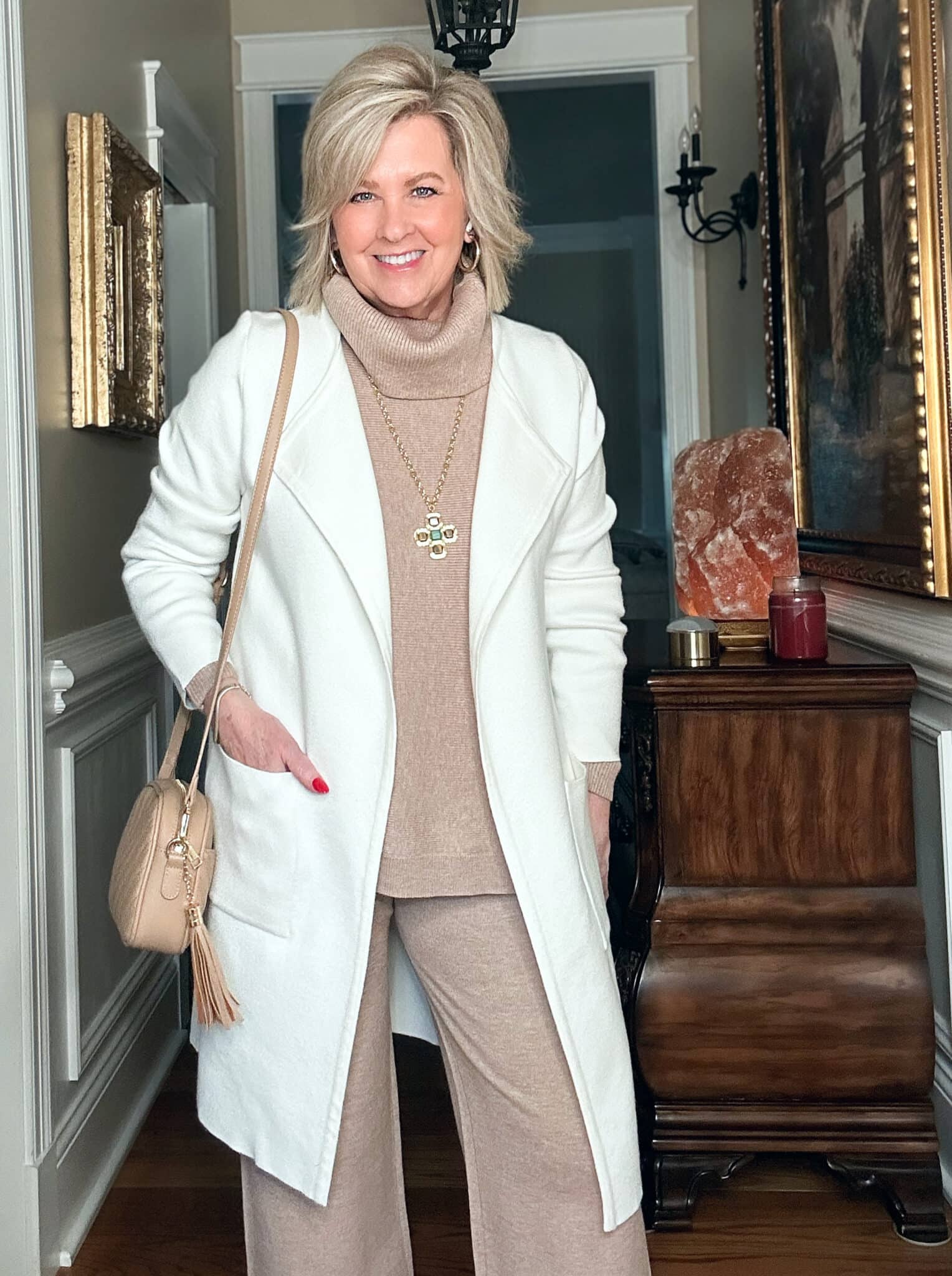 The casual beige cowl neck sweater and white cardigan I wore this week