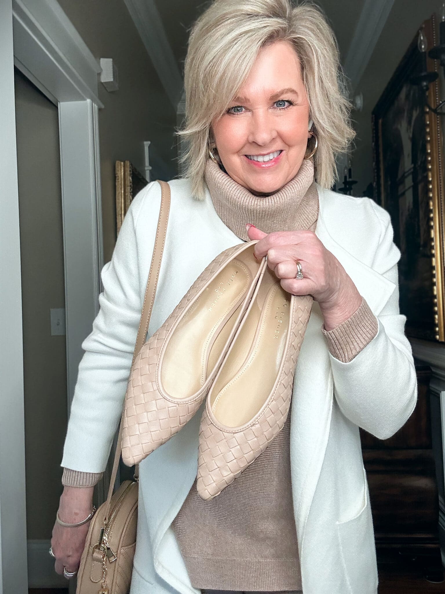 The casual beige cowl neck sweater, white cardigan, and flats I wore this week