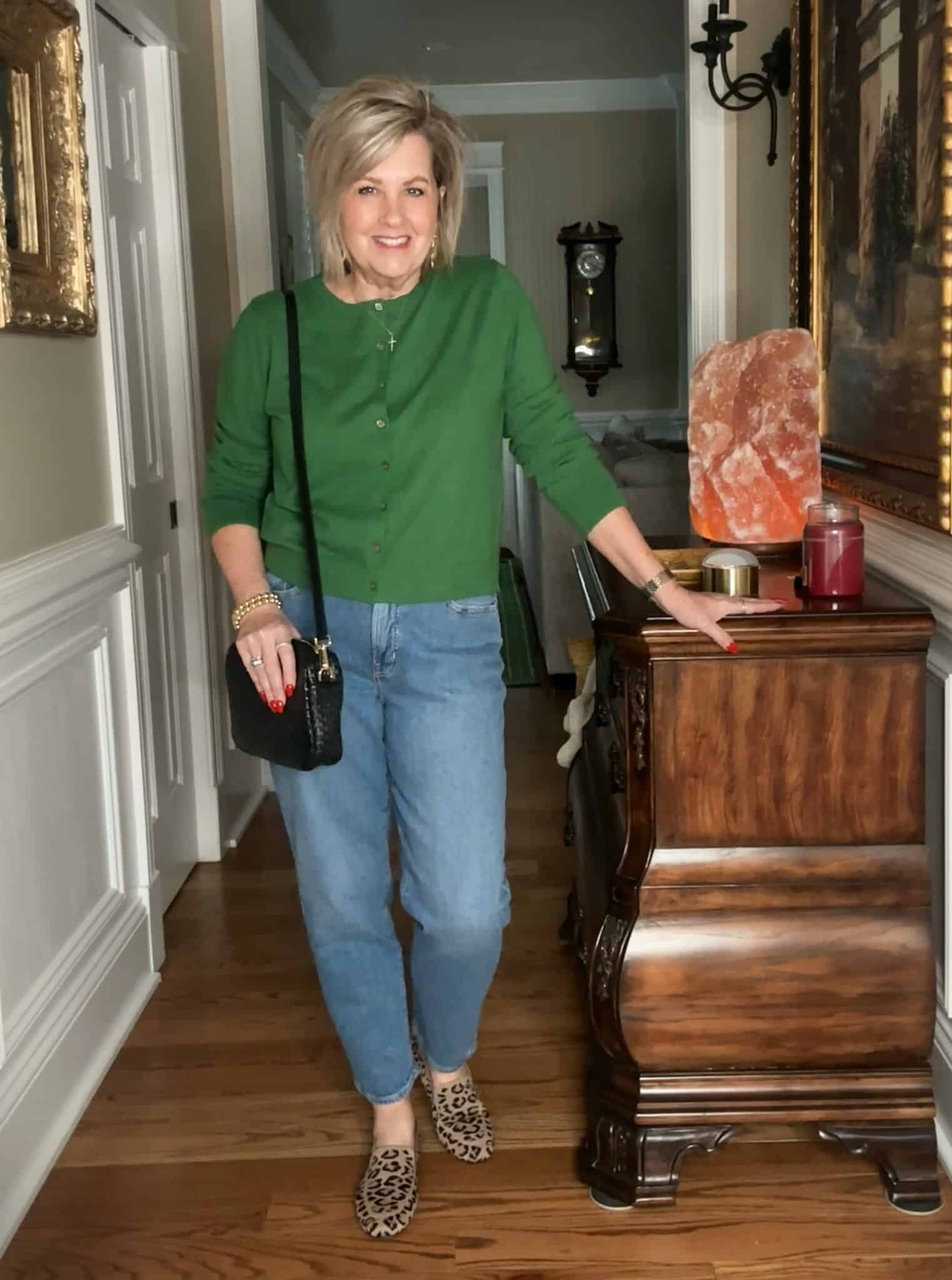 Over 50 Fashion Blogger, Tania Stephens is styling Old Navy clothing - green button cardigan and straight leg jeans
