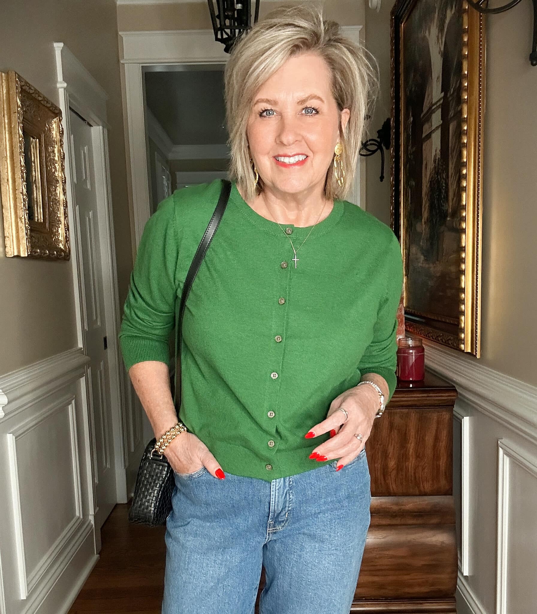 Over 50 Fashion Blogger, Tania Stephens is styling Old Navy clothing - green button cardigan