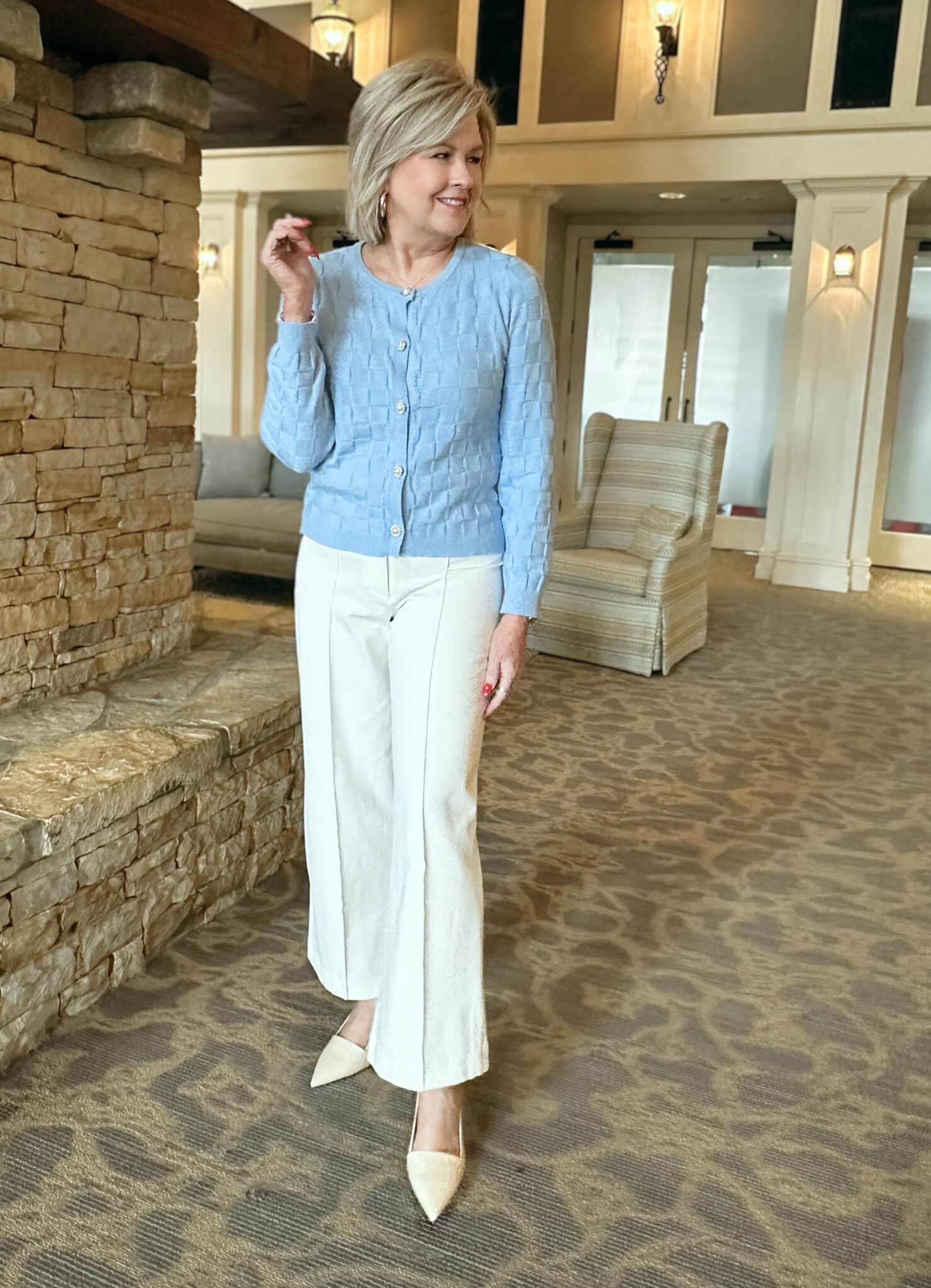 Tania Stephens is styling a Blue lady jacket top with ivory dress pants from Nordstrom Rack