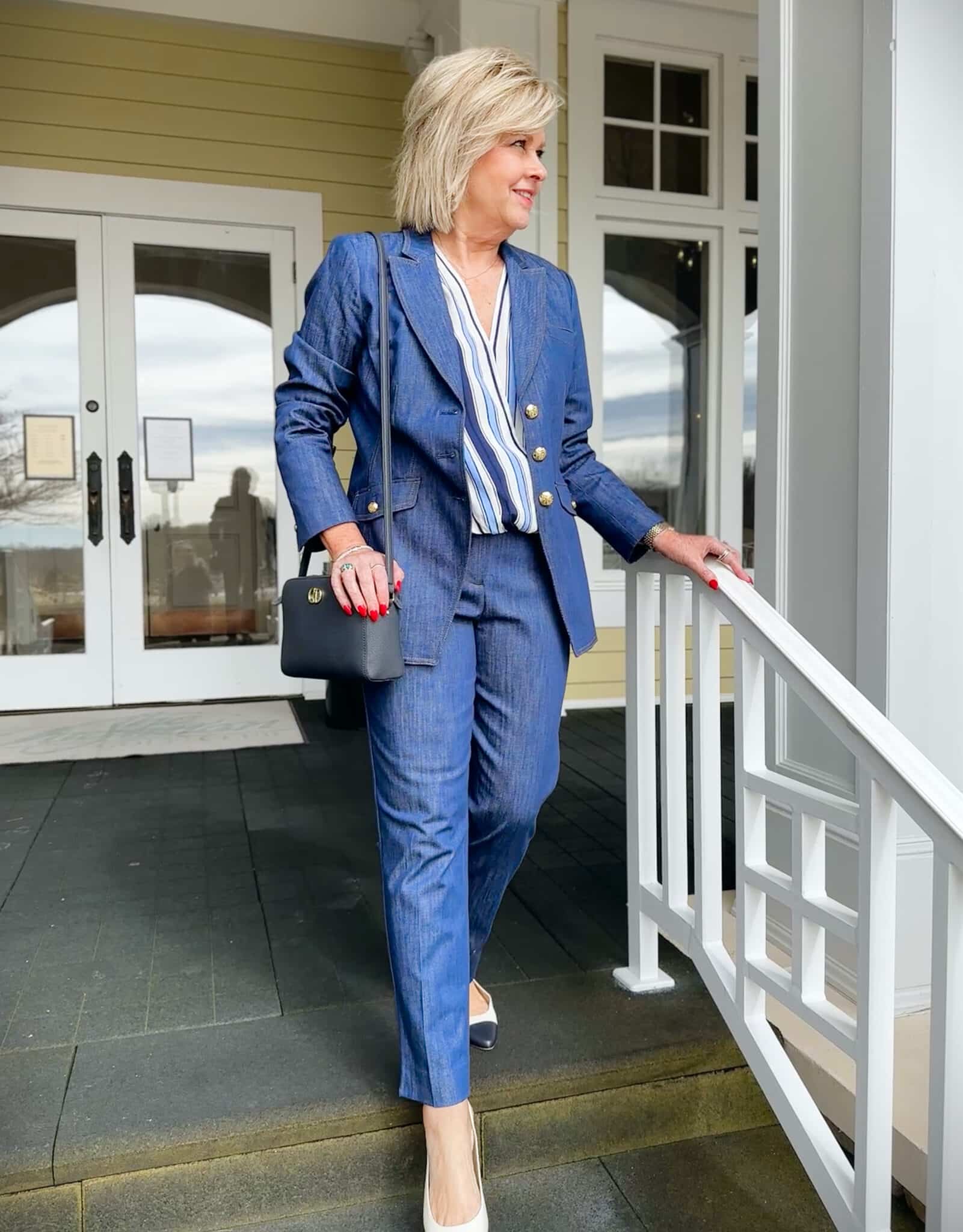 Tania Stephens is styling a denim Refined blazer and denim straight-leg pants from Talbots