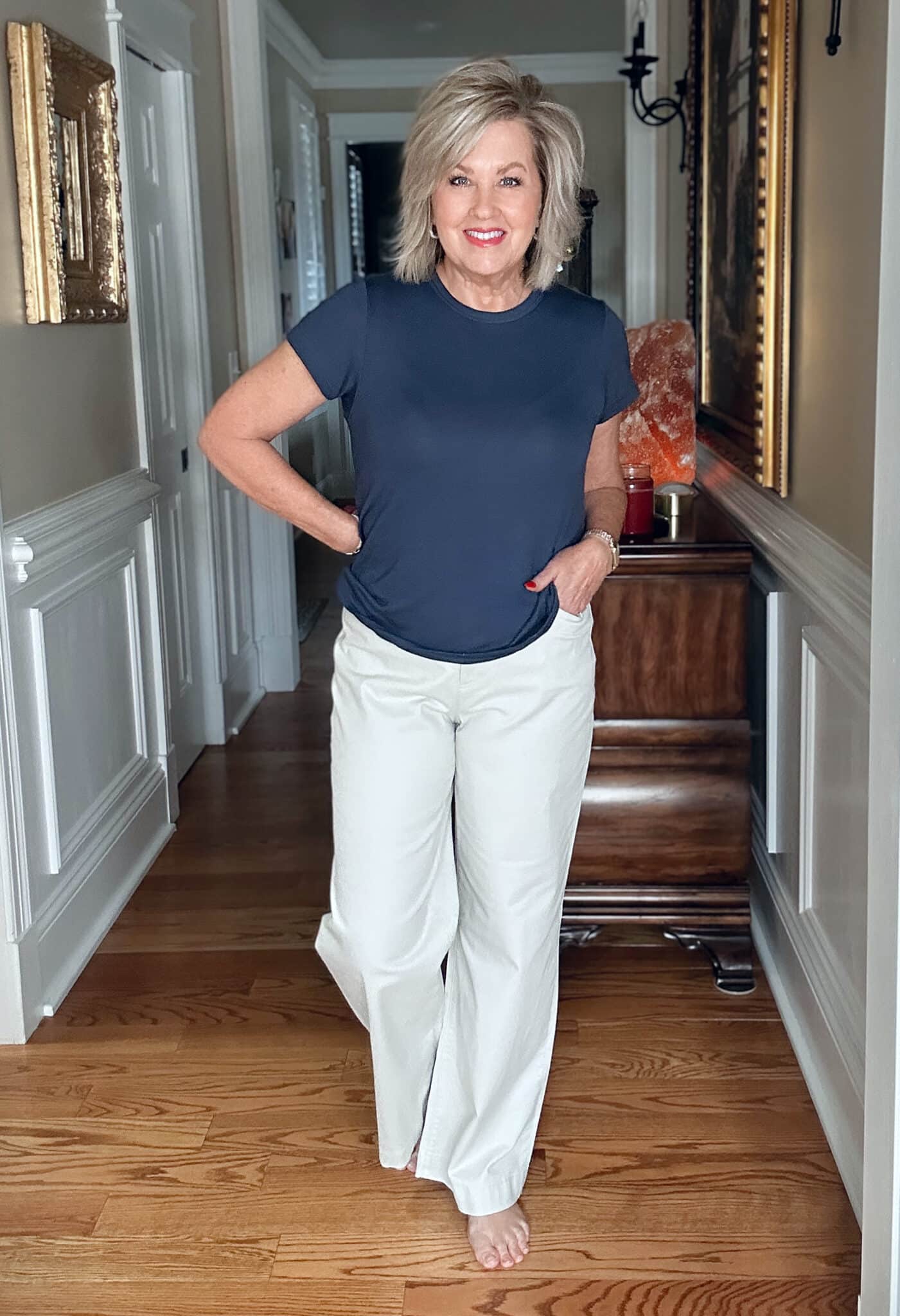 Tania Stephens is wearing a blue tee and chino wide leg pants for What I Wore series