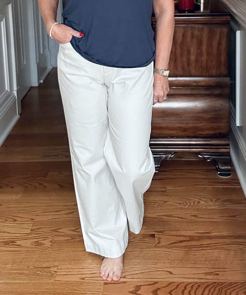 Tania Stephens is wearing chino wide leg pants for What I Wore series