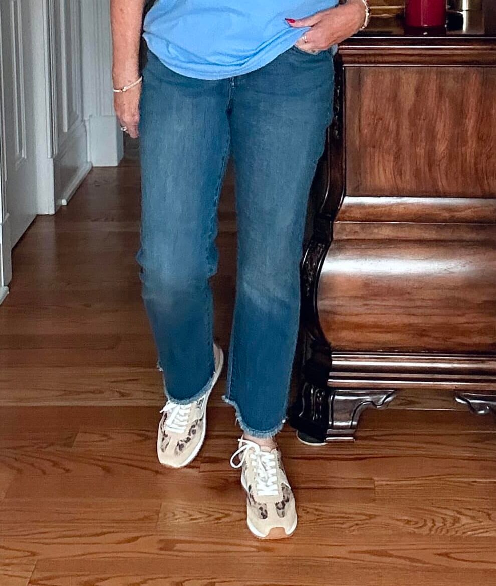 Tania Stephens is wearing straight leg jeans for a What I Wore series