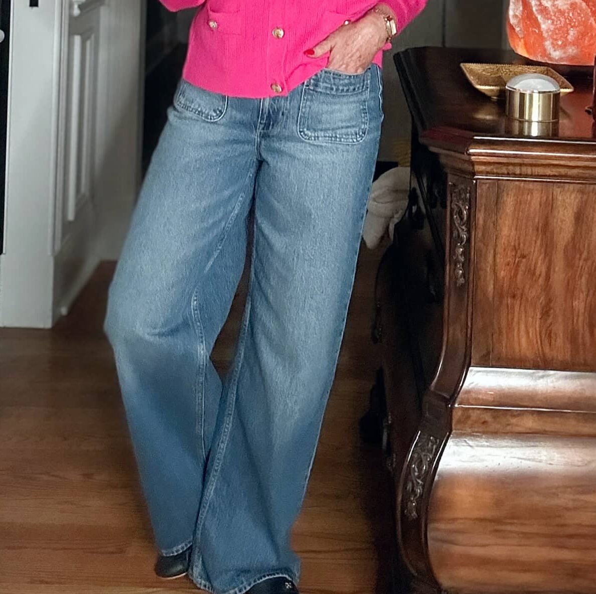 Tania Stephens wearing affordable and budget friendly clothing - wide leg jeans from Walmart