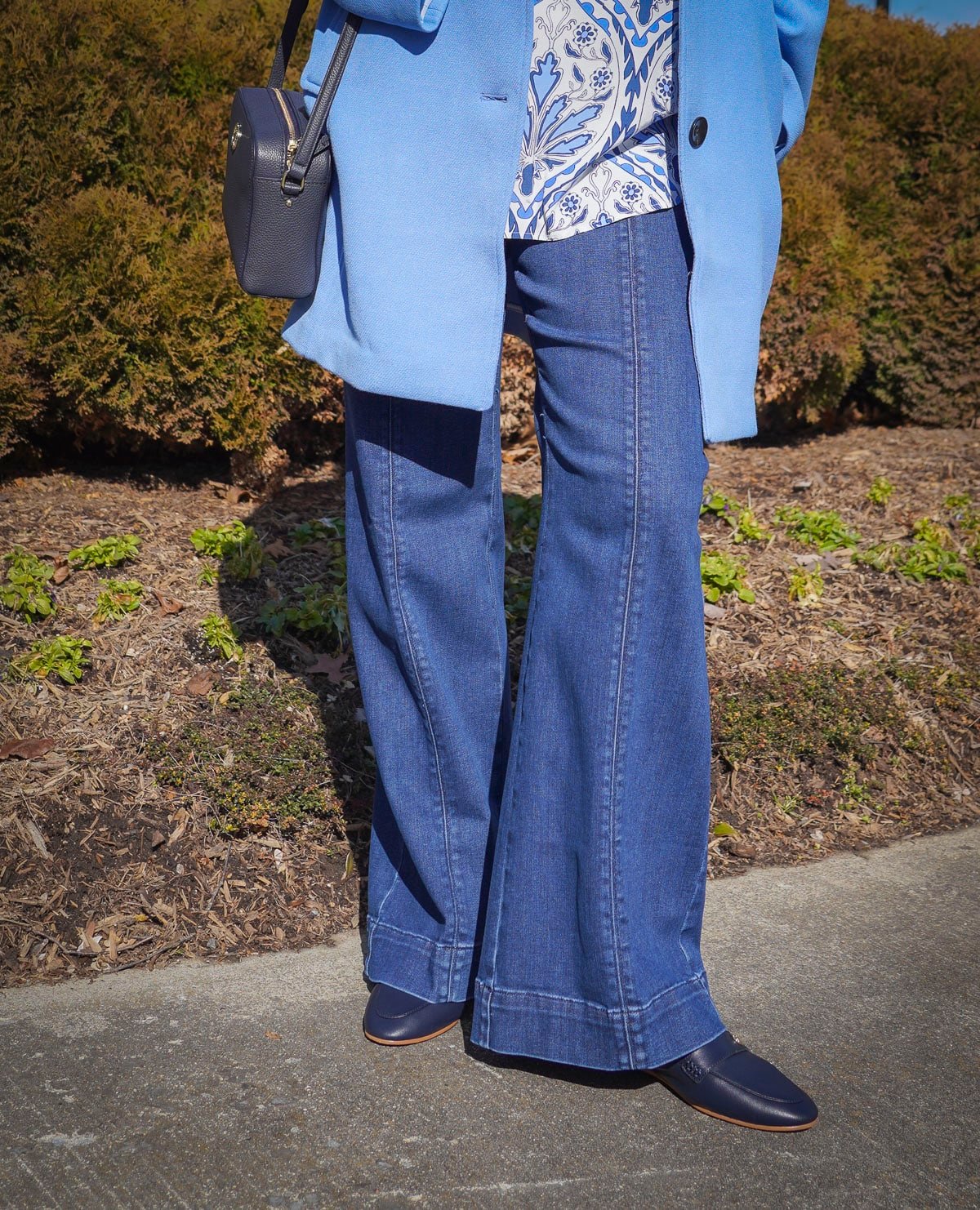 Talbot's New Arrivals For Spring - baby blue print coat and flare jeans