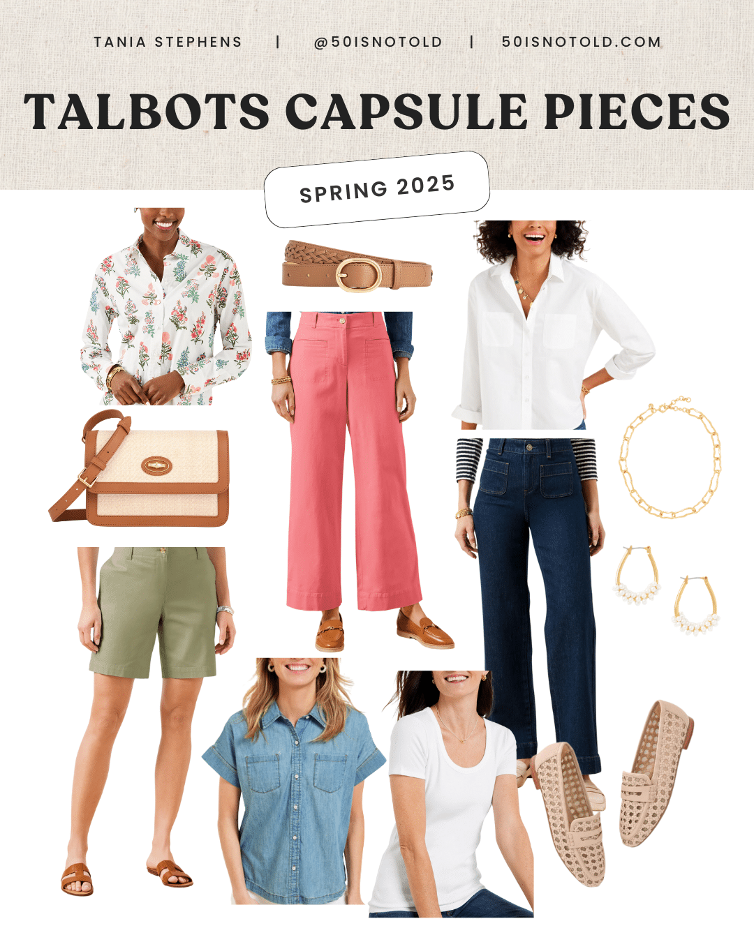 Talbots spring capsule wardrobe for 2025 featuring florals, corals, and jeans