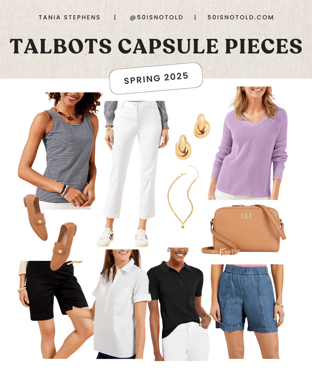 Talbots spring capsule wardrobe for 2025 featuring white jeans, loafers, stripes, and classic tops.