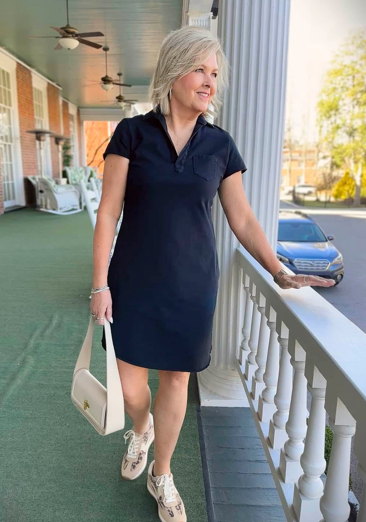 Over 50 blogger, Tania Stephens is showing what she wore this week - a black dress and leopard print sneakers