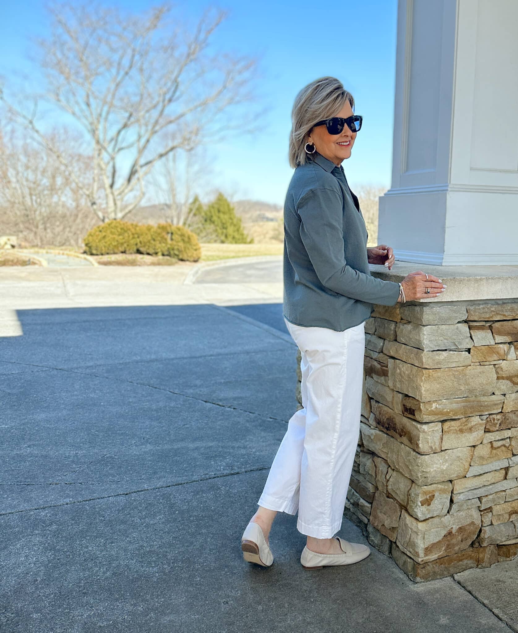 Tania Stephens is styling a Frank & Eileen olive top and white pants1