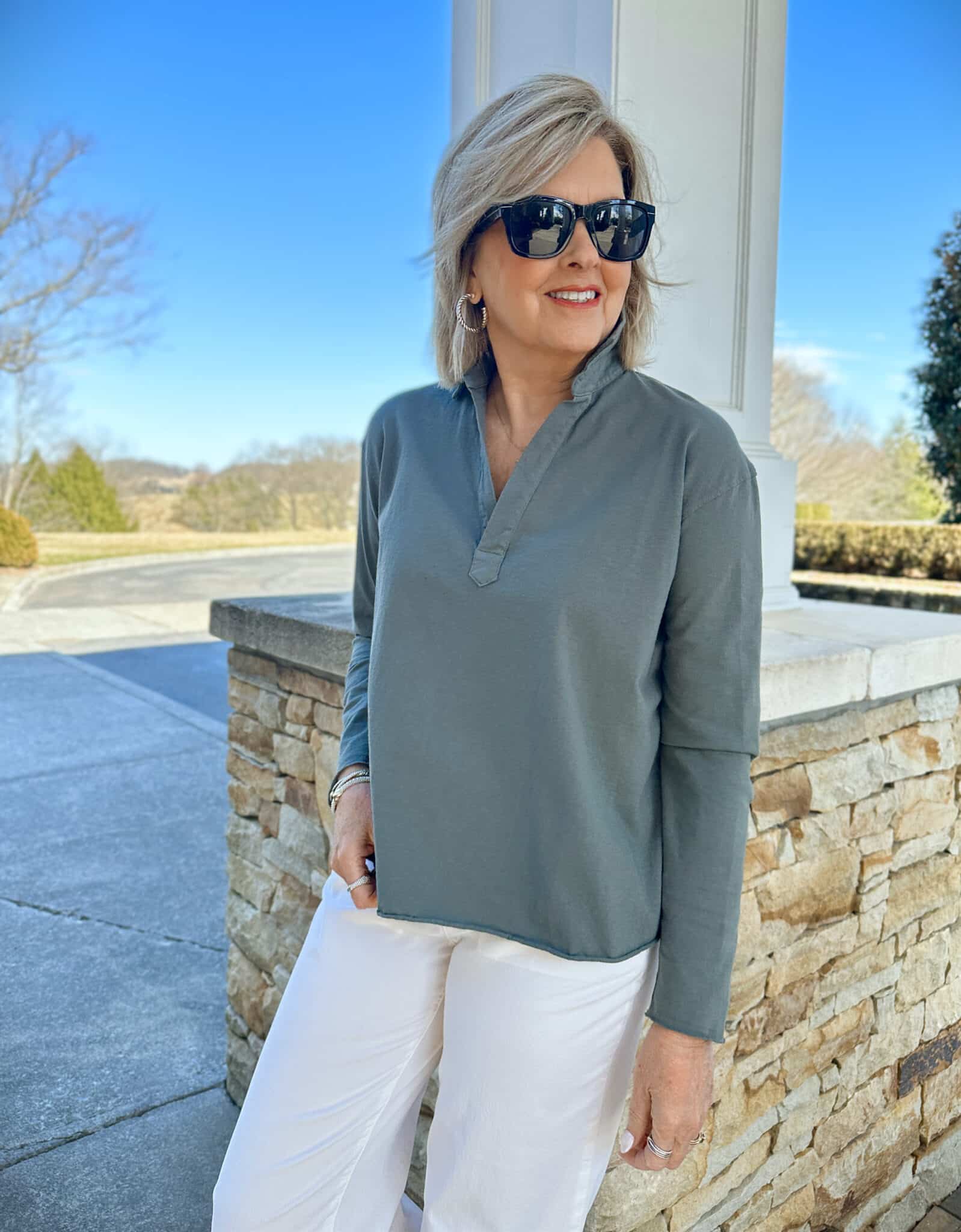 Tania Stephens is styling a Frank & Eileen olive top