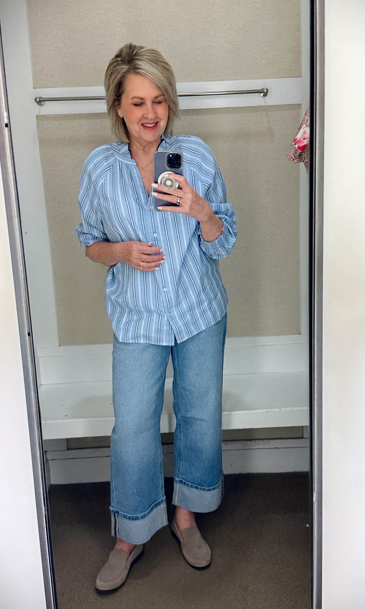 Over 50 blogger, Tania Stephens is doing a spring Talbot's try on - blue striped top and cuffed jeans
