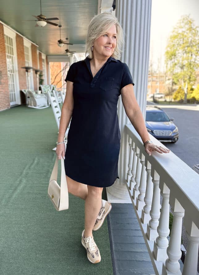 Over 50 blogger, Tania Stephens is showing what she wore this week - a black dress and leopard print sneakers