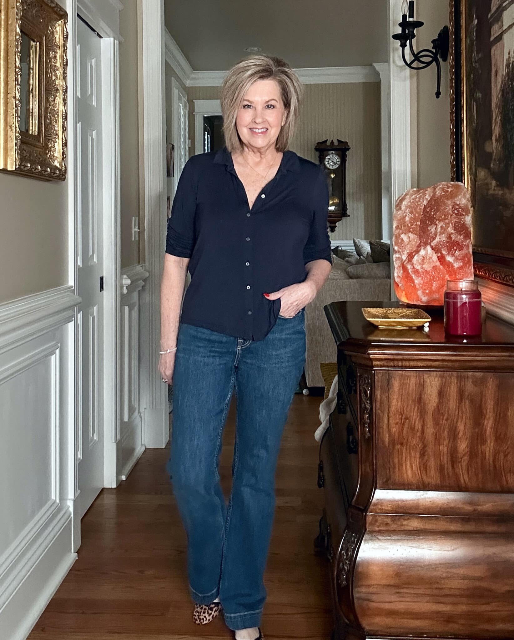 Over 50 blogger, Tania Stephens is showing what she wore this week - a navy knit button up and jeans