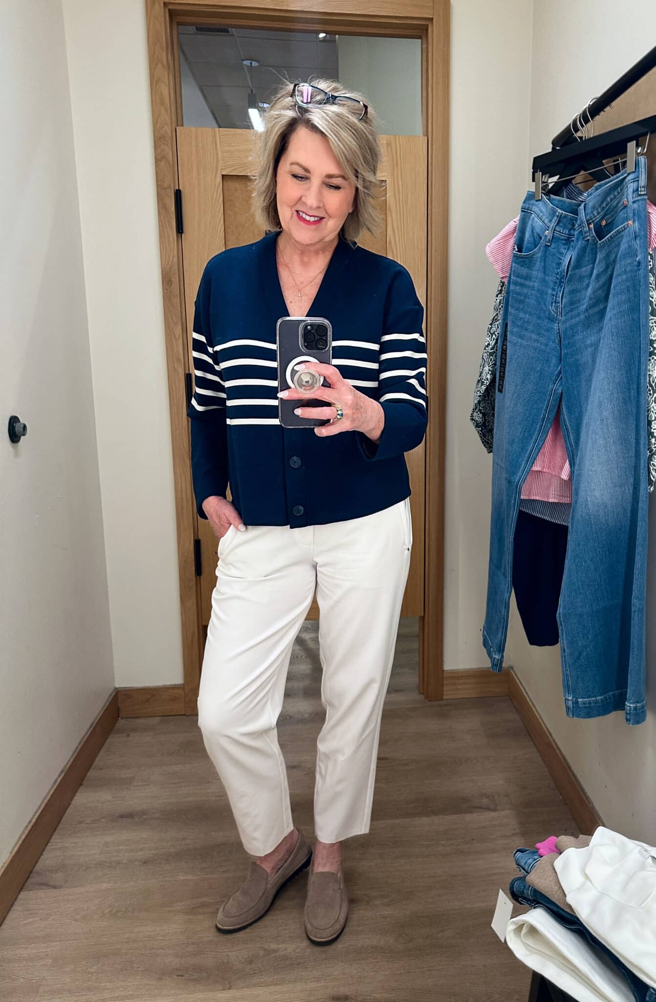 Over 50 blogger, Tania Stephens is showing what she wore this week - a navy & white striped top and white ankle pants from Athleta