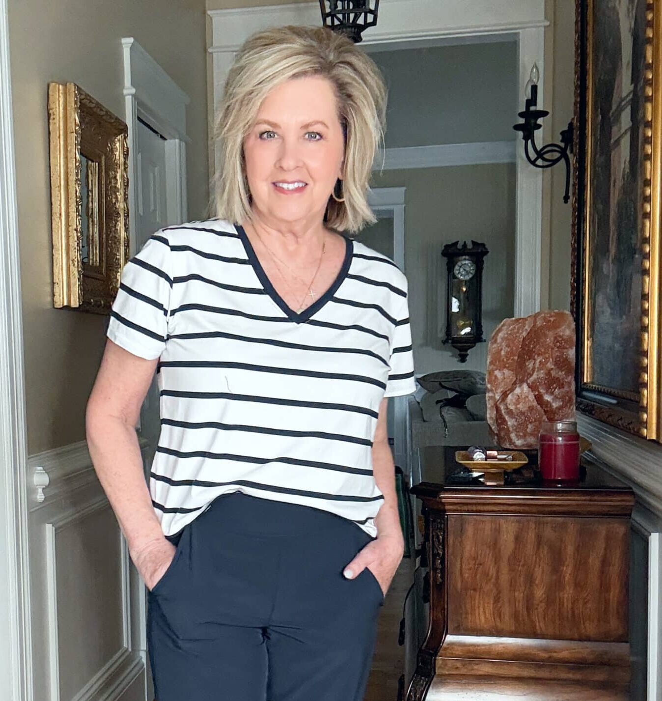 Tania Stephens is wearing a striped v-neck tee from Athleta