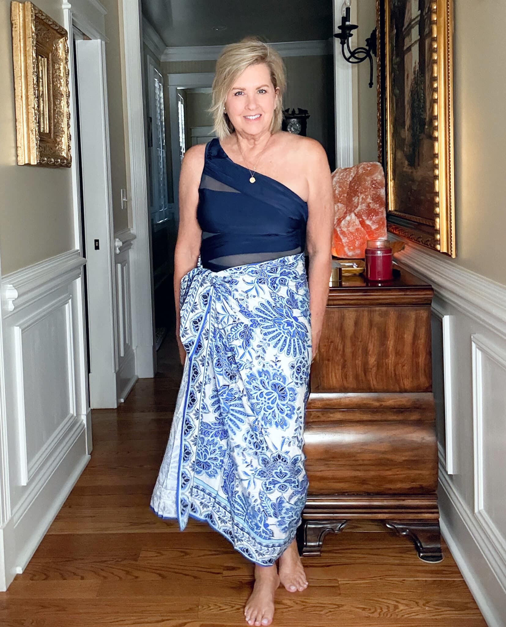 Tania Stephens showing a one shoulder navy mesh swimsuit and sarong wrap from Amazon