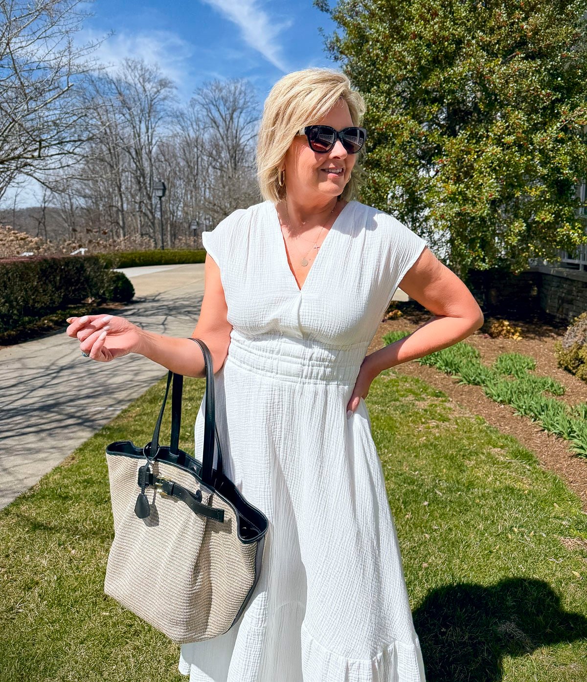 Tania Stephens wearing 2025 Spring styles of a white gauze dress from Nordstrom Rack