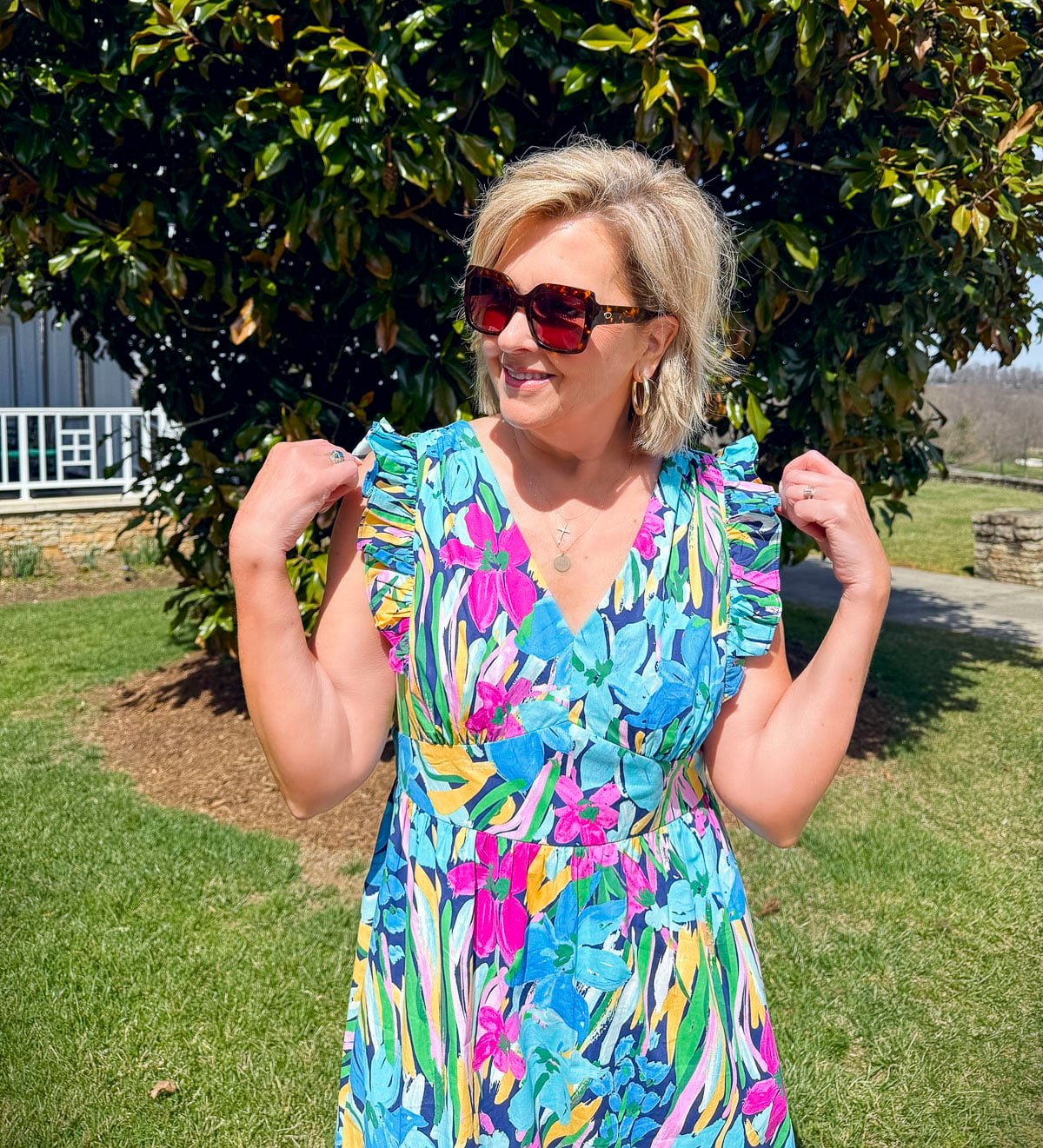 Tania Stephens wearing 2025 Spring styles of a flutter sleeve maxi dress from Nordstrom Rack