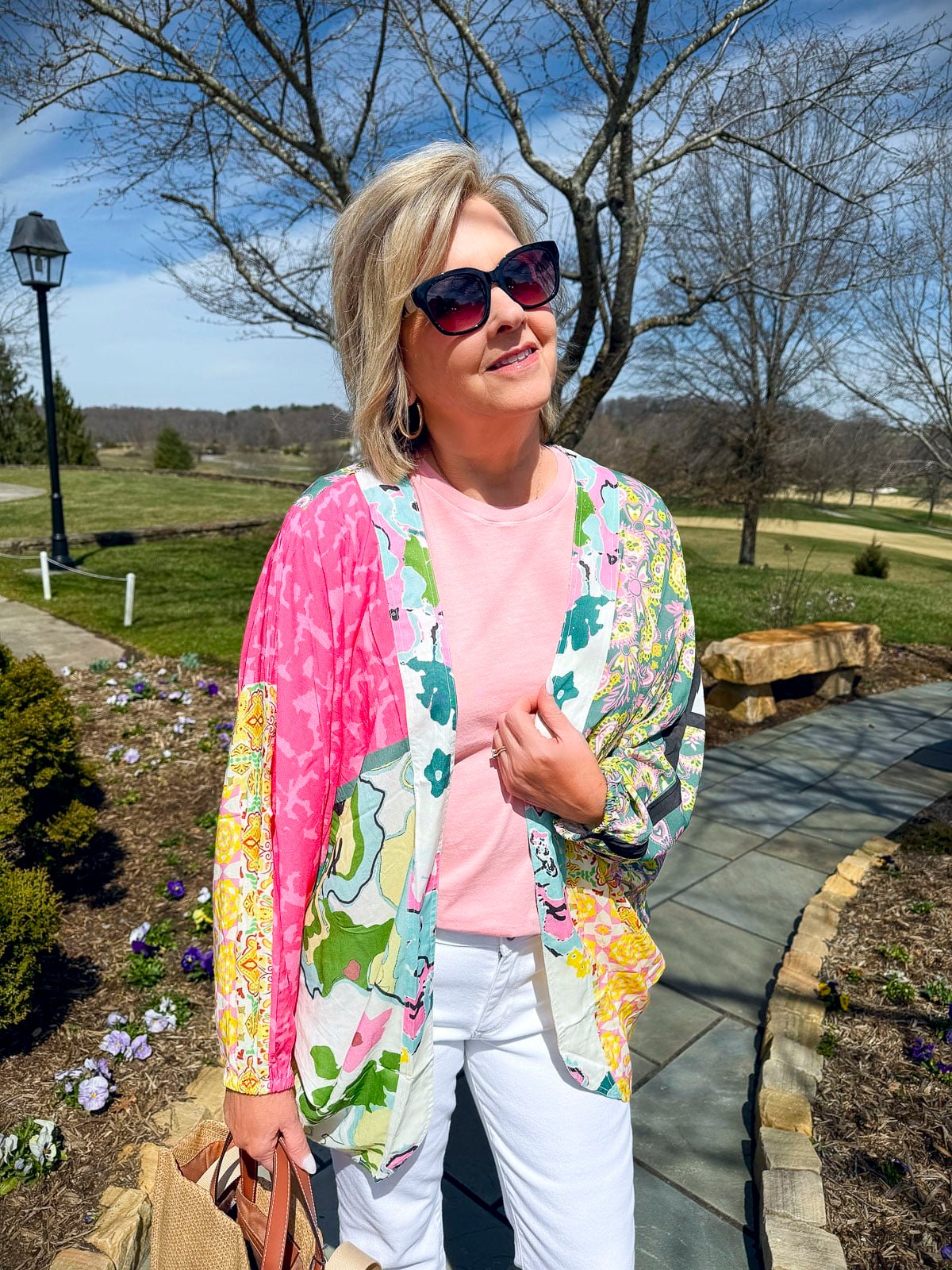 Tania Stephens wearing 2025 Spring styles of a colorful jacket from Nordstrom Rack