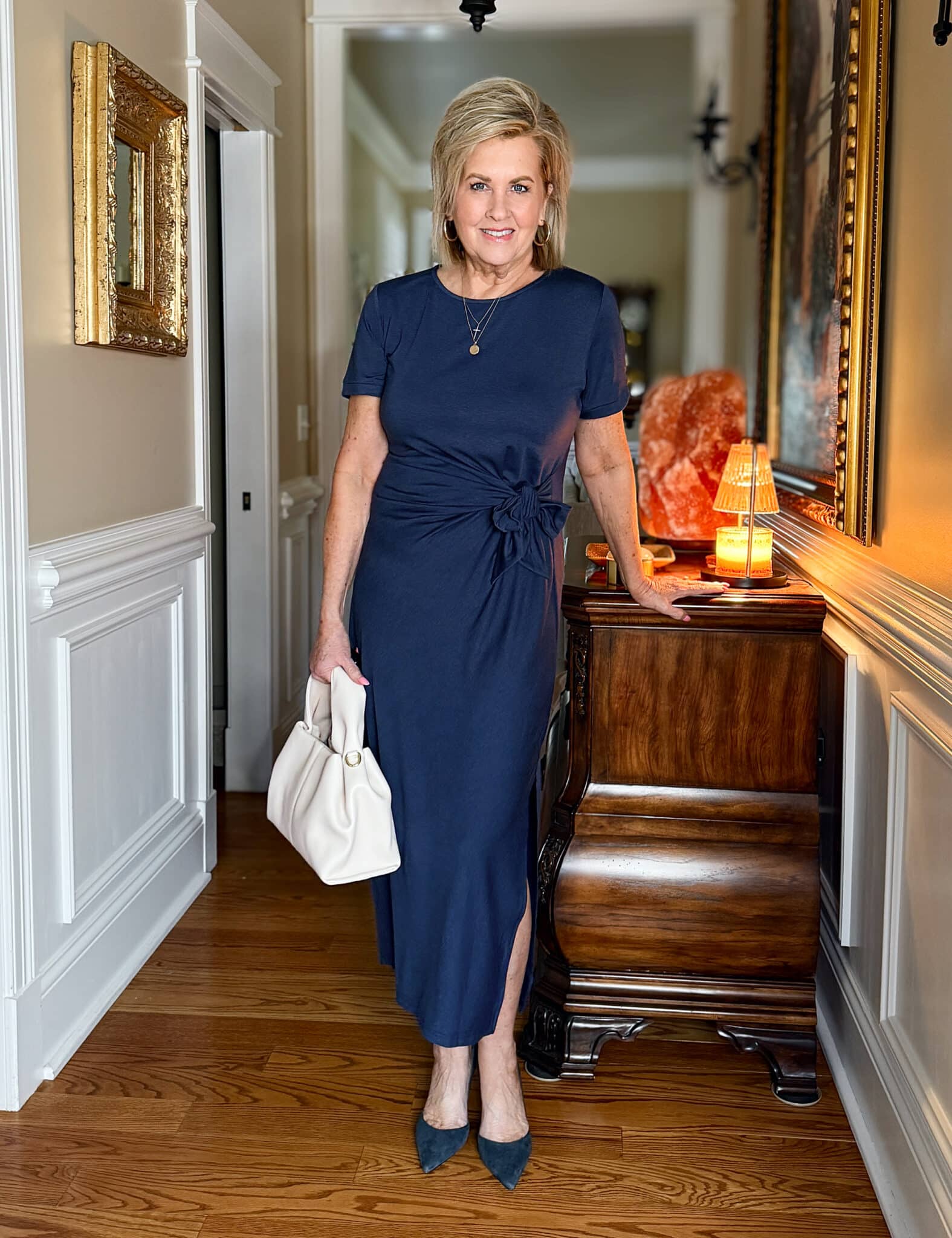 Tania Stephens is wearing a navy side tie dress from Amazon 1