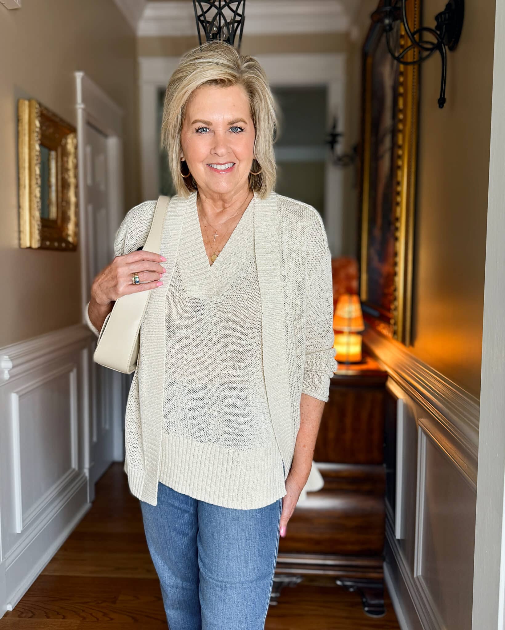Tania Stephens wearing a neutral vest and cardigan from Talbots