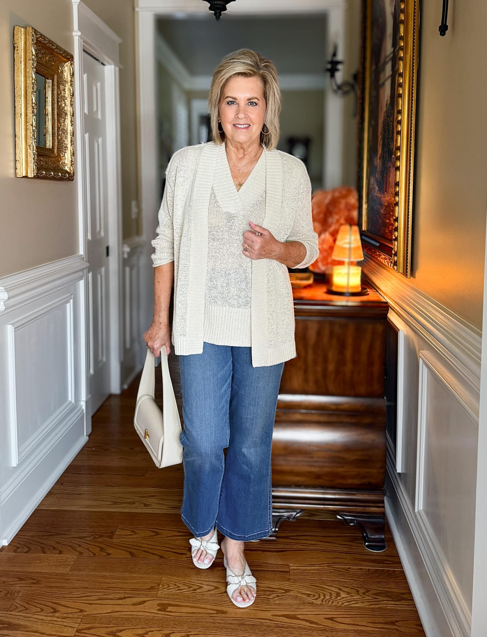 Tania Stephens wearing a neutral vest and cardigan from Talbots and pull on crops by SPANX