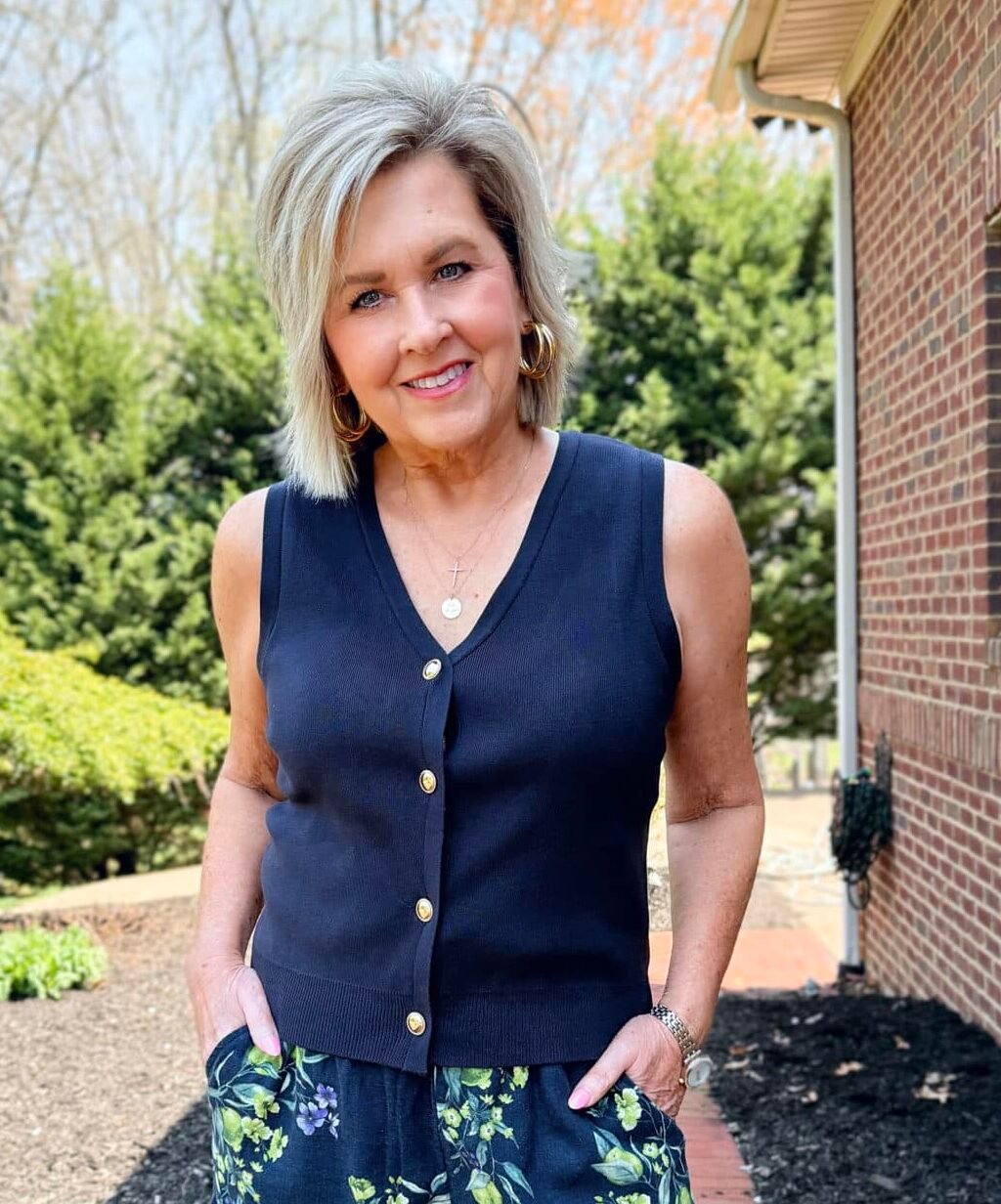 Tania Stephens wearing a navy vest from Walmart