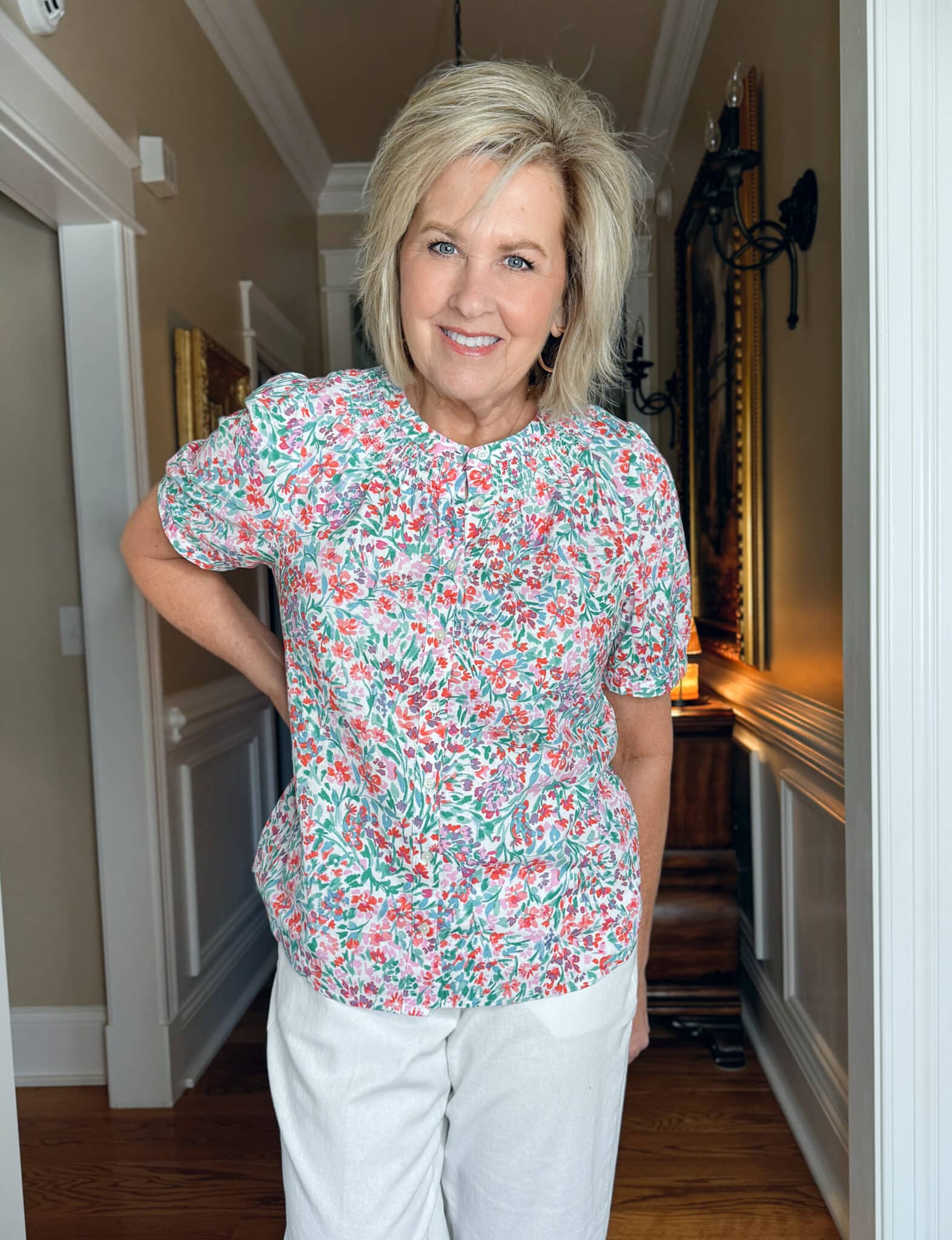 Tania Stephens is wearing a printed puff top from J.Crew Factory