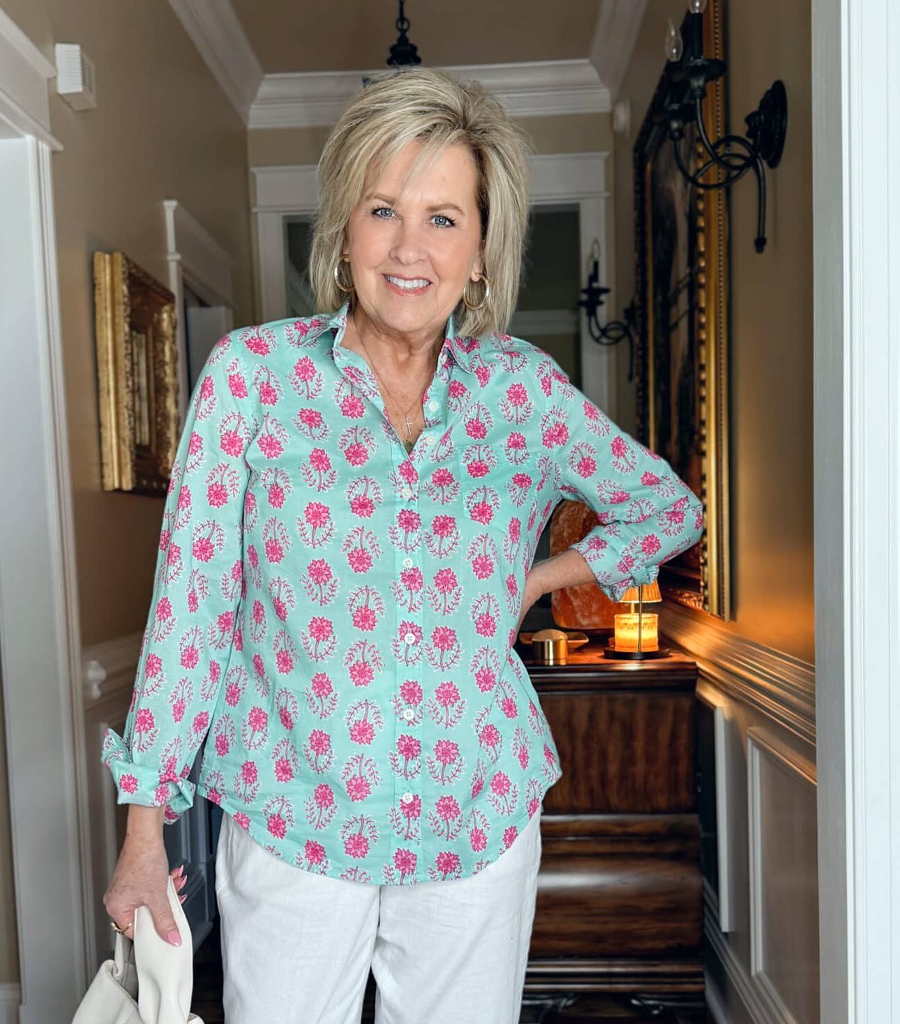 Tania Stephens is wearing a printed button shirt from J.Crew Factory