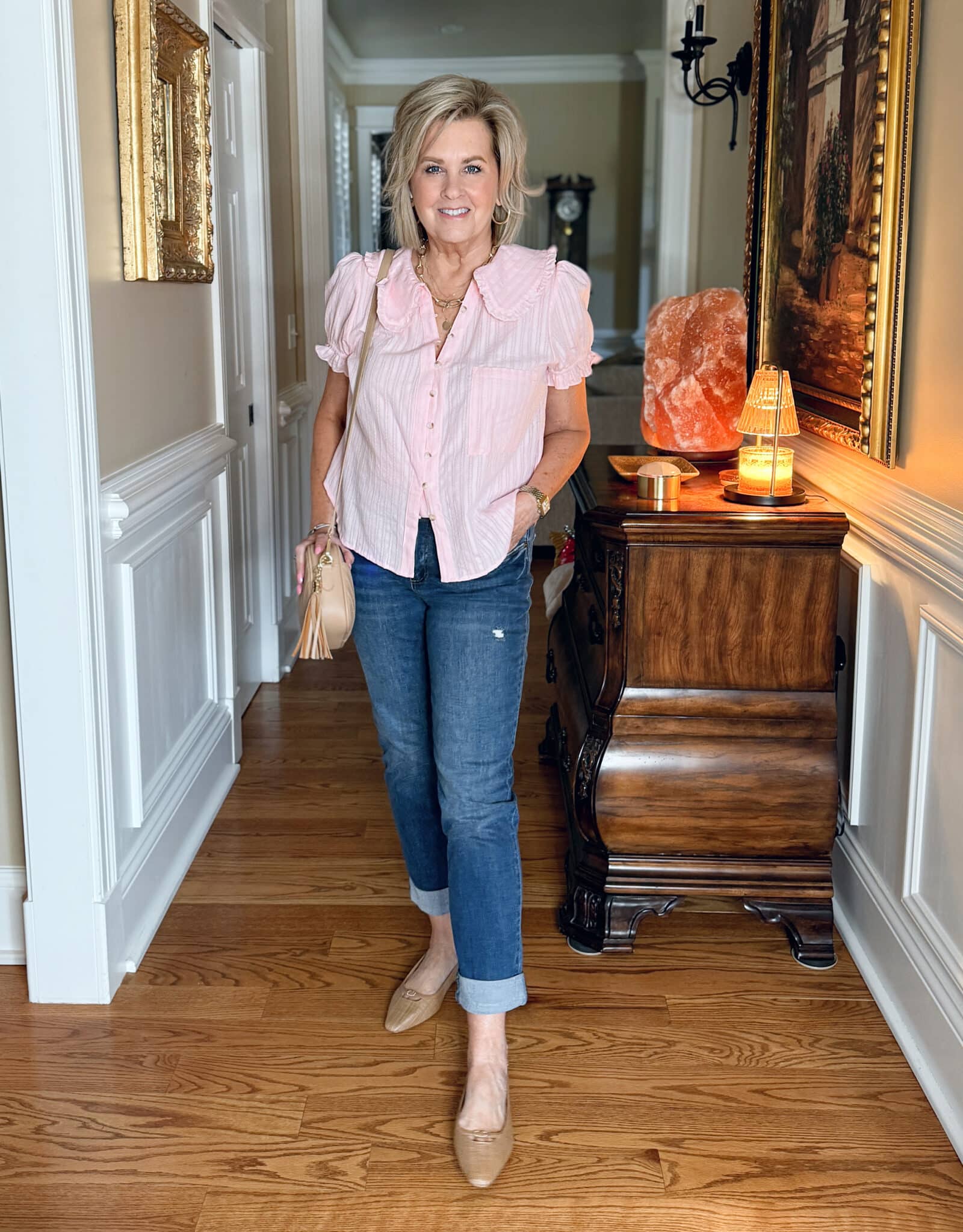 Affordable spring outfit with pink puff sleeve blouse and cuffed jeans